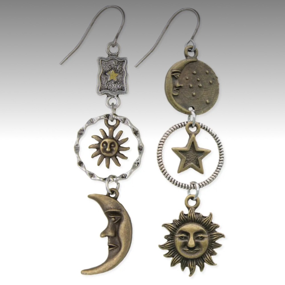 Gold and Silver Celestial Dangle Earrings with Moon and Sun Designs